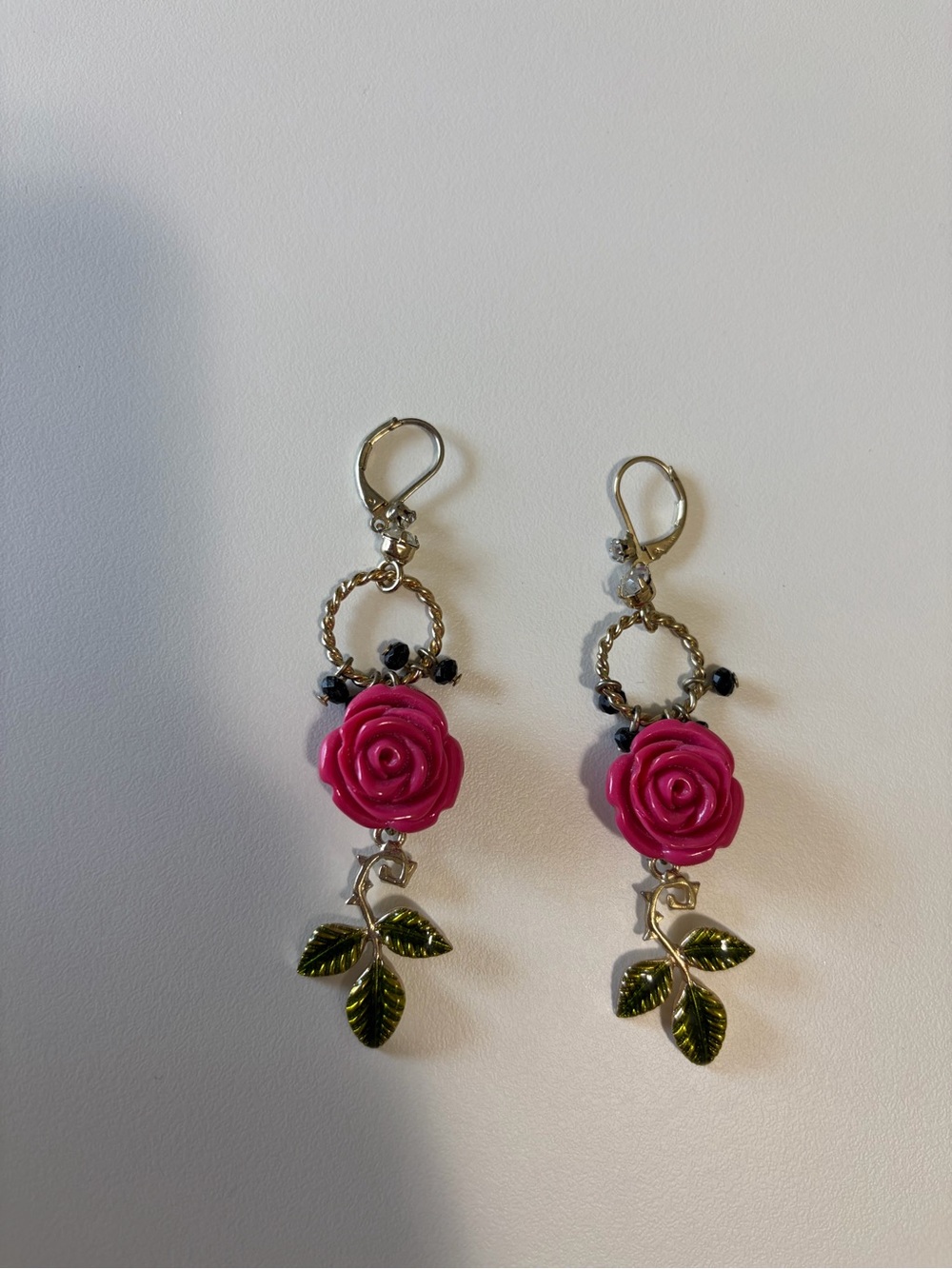 Betsey Johnson Hot Pink Rose Drop Earrings with Gold Leaves - Women Jewelry